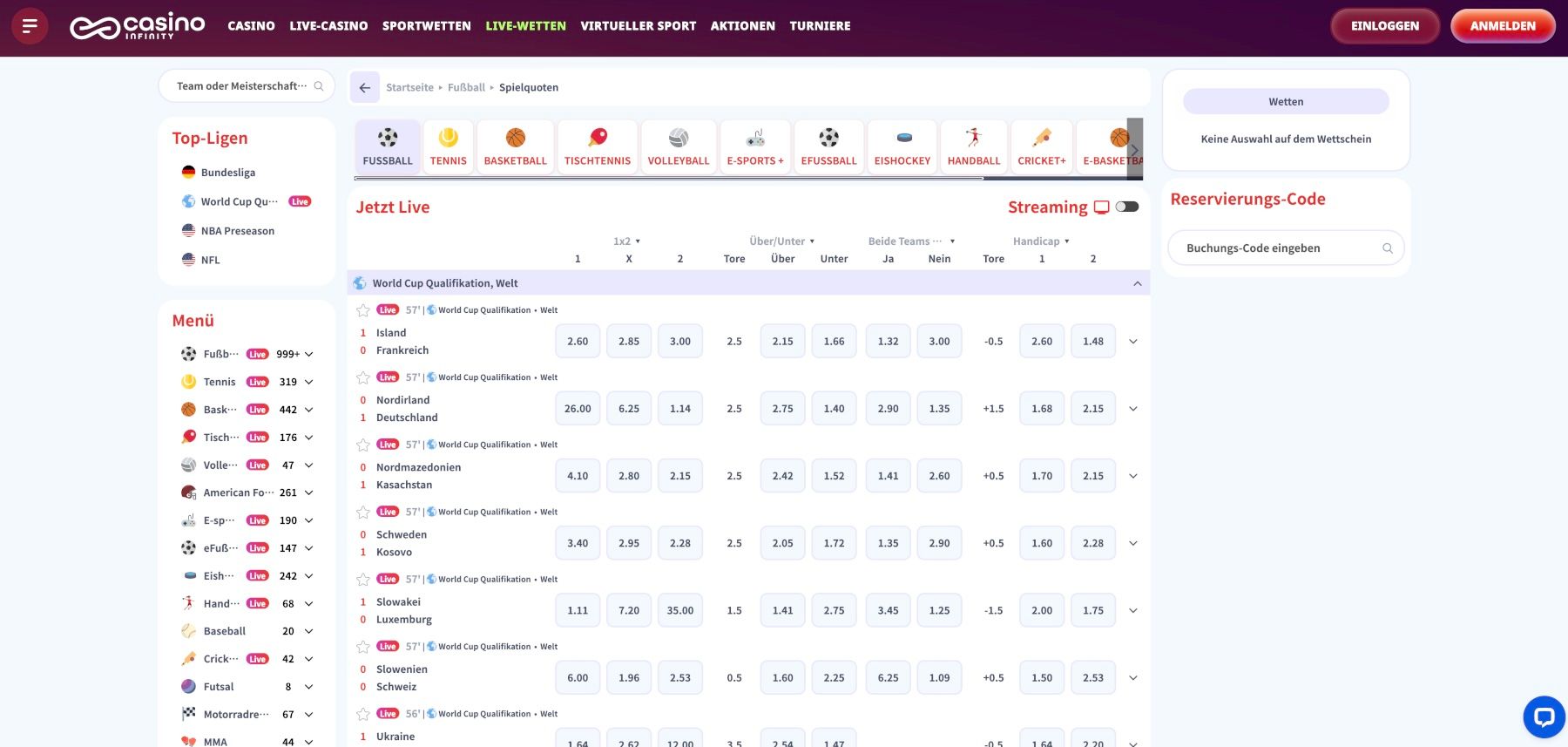 Casino Infinity Live-Wetten