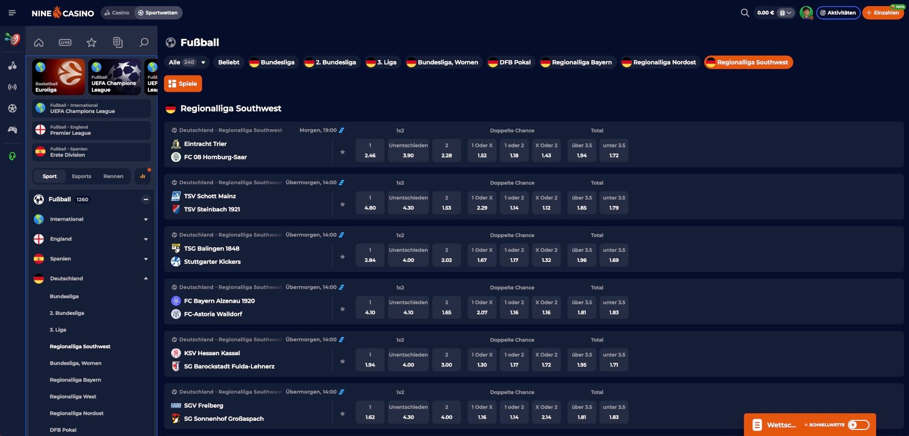 NineCasino Regionalliga Wetten