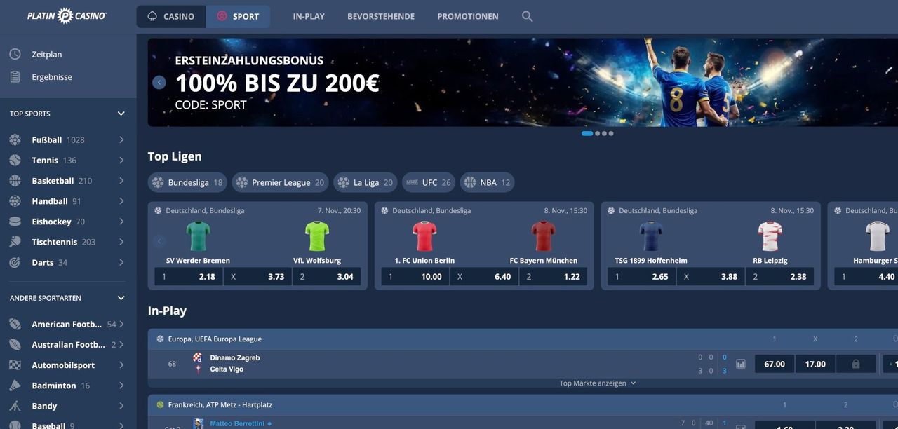 PlatinCasino Sportwetten Bonus