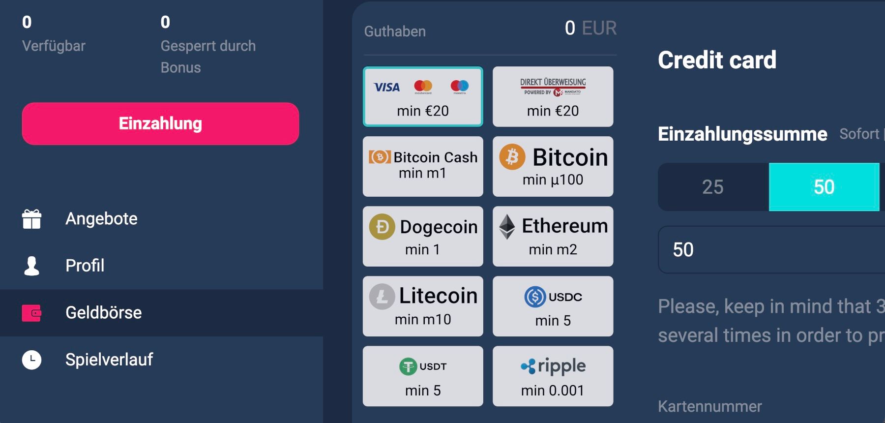 PlatinCasino Sportwetten Einzahlung