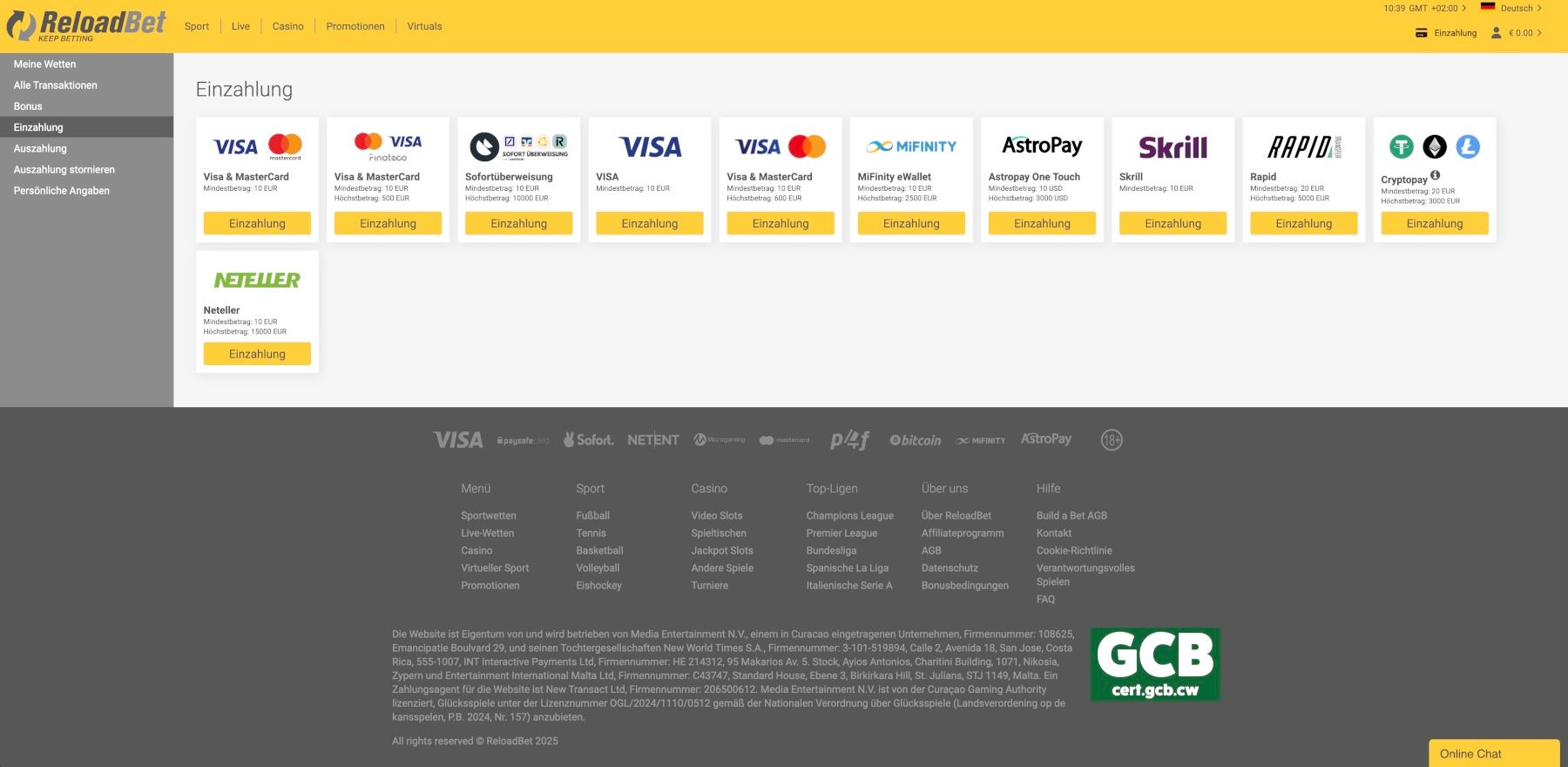 ReloadBet Einzahlungsmethoden